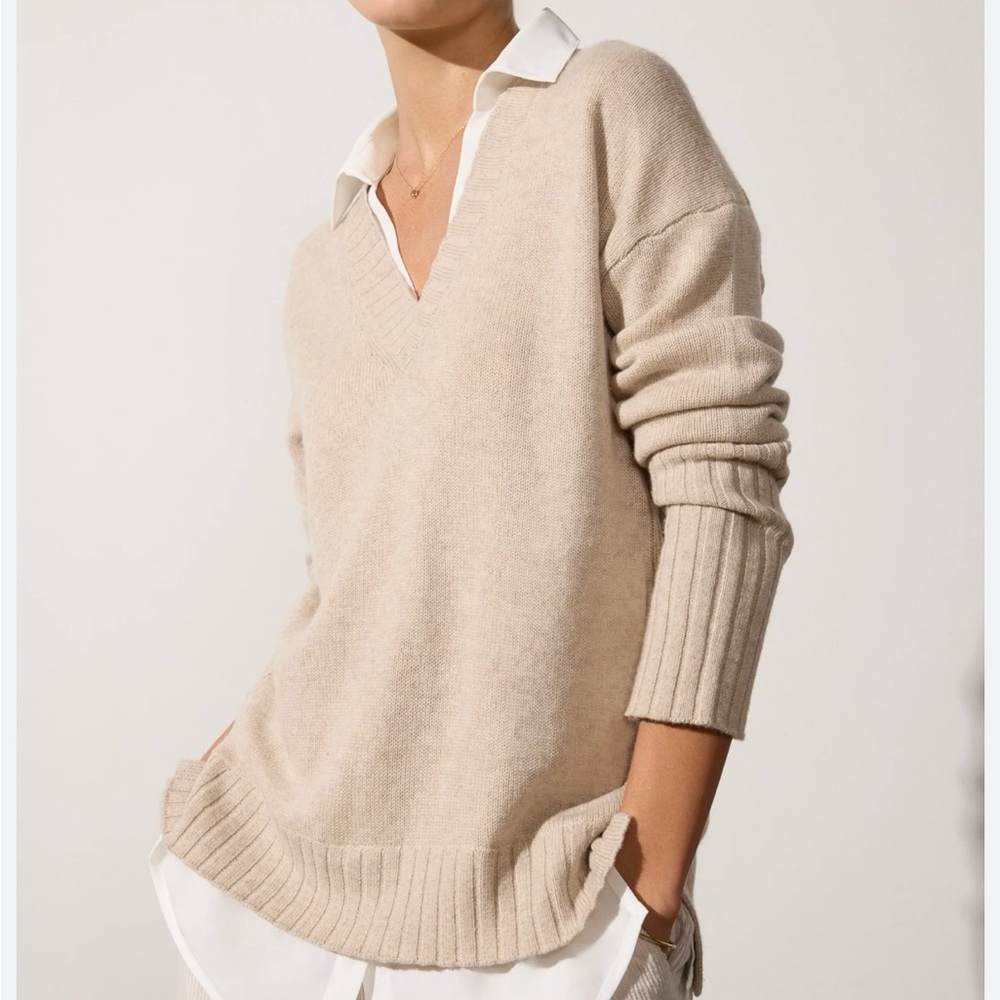 Brochu Walker Cream V-Neck Sweater with Polo Collar